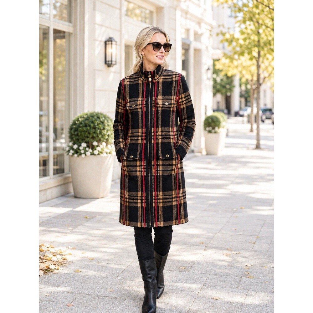 ANNE KLEIN Cardigan Sweater Coat Duster Sz Lg Red/Brown/Tan Plaid, Full Length